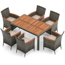 7 Pieces Patio Acacia Wood Cushioned PE Rattan Wicker Dining Set by LJGDeals