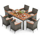 7 Pieces Patio Acacia Wood Cushioned PE Rattan Wicker Dining Set by LJGDeals