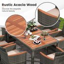 7 Pieces Patio Acacia Wood Cushioned PE Rattan Wicker Dining Set by LJGDeals