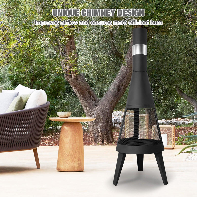 Chiminea Outdoor Fireplace 47.6" Metal Wood Burning Fire Pit with Log Grate, Black