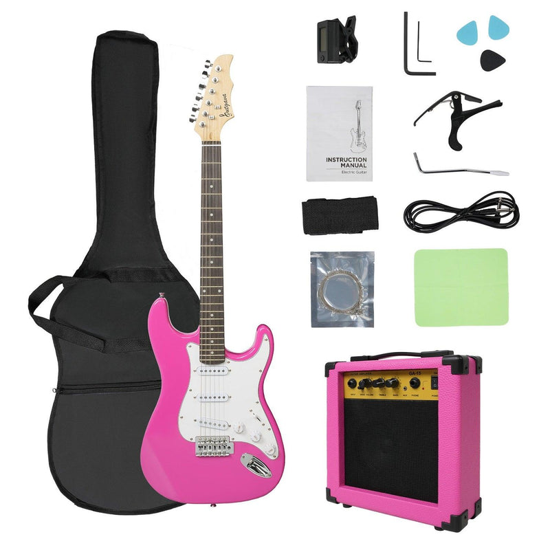 Entry Level Electric Guitar Set, 39.5" Teenage Electric Guitar w/ 10W Amplifier, Carrier Bag, Tuner, Strings, Picks, Cable, Pink