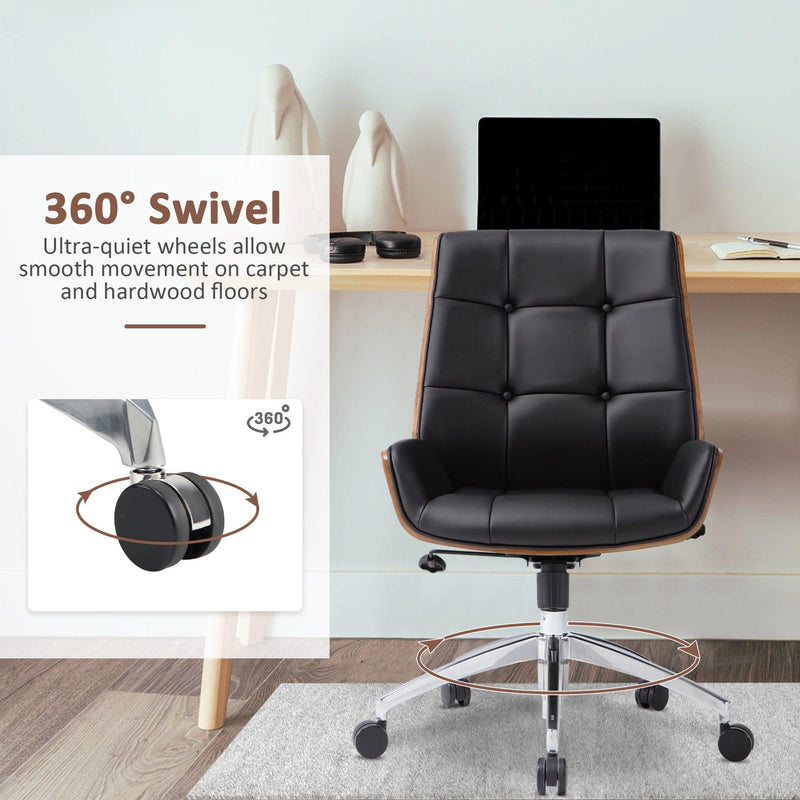 Executive Office Chair with Adjustable Height and Tilt, Solid Wood Arms and Base, 360° Swivel - Leather Office Chair, Black