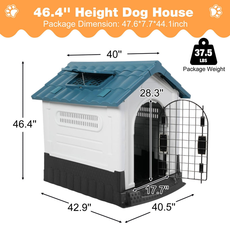 Outdoor Blue Sloped Roof 46.4" Height Large Dog House Plastic Waterproof Kennel with Air Vents