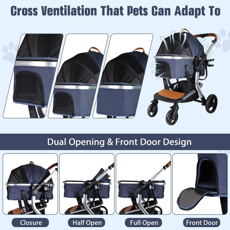 3 in 1 Foldable Aluminum Alloy Frame Pet Stroller with Detachable Carrier & Cup Holder, Up to 33 lbs