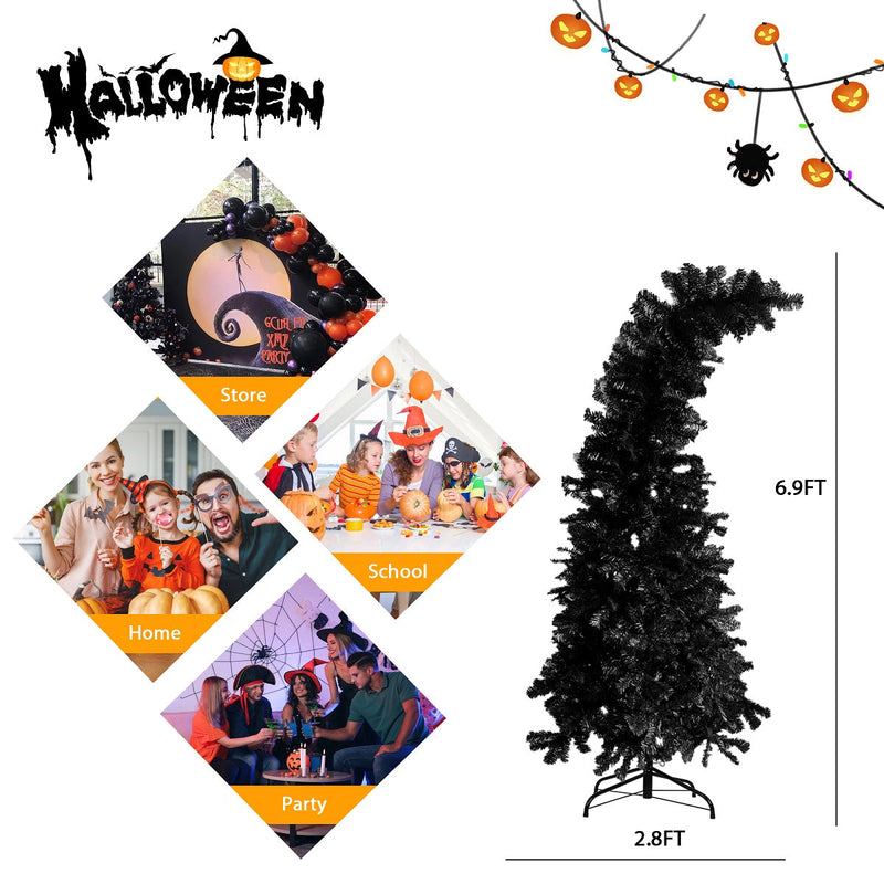 6.9ft Black Bendable Santa Hat Style Halloween Tree Artificial Christmas Tree Xmas, 1050 Branch Tips, Metal Frame