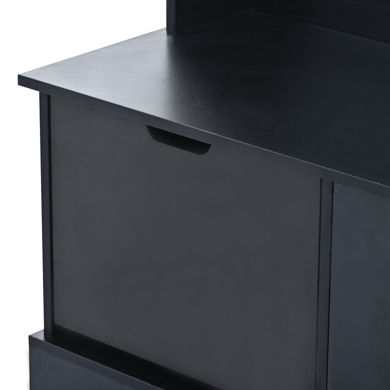 All in One Hall Tree with 3 Top Shelves and 2 Flip Shoe Storage Drawers, Wood Hallway Organizer with Storage Bench and Metal Hanging Hooks, Black