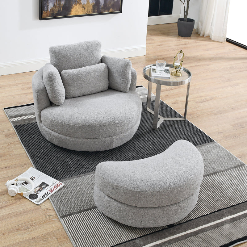 39" W Oversized Swivel Chair with moon storage ottoman for Living Room, Modern Accent Round Loveseat Circle Swivel Barrel Chairs for Bedroom Cuddle Sofa Chair Lounger Armchair, 4 Pillows, Teddy Fabric
