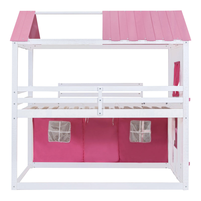 Full Size Bunk Wood House Bed with Elegant Windows, Sills and Tent, Pink+White