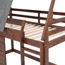 Wood Twin Size House Bunk Bed With Roof, Ladder And 2 Windows - Oak & Smoky Gray by HouseOfZazla
