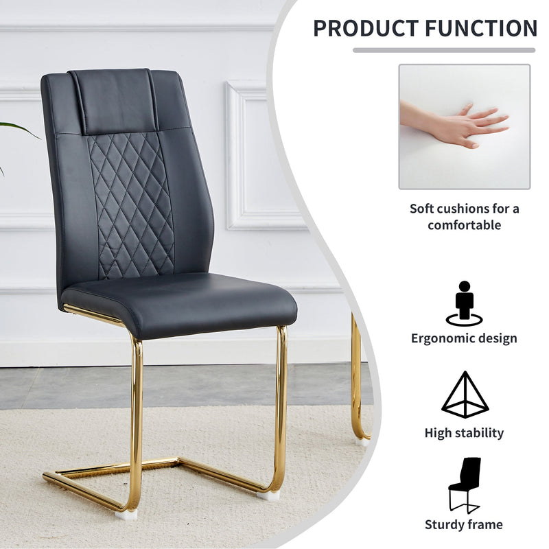 Modern dining chairs with faux leather padded seats, dining room chairs, gold metal leg upholstered chairs, suitable for kitchens, living rooms, bedrooms, and offices, set of 6 (black+PU leather)