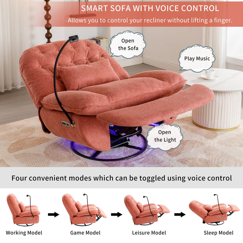 270 Degree Swivel Power Recliner with Voice Control, Bluetooth Music Player,USB Ports, Atmosphere Lamp, Hidden Arm Storage and Mobile Phone Holder for Living Room, Bedroom, Apartment, Red