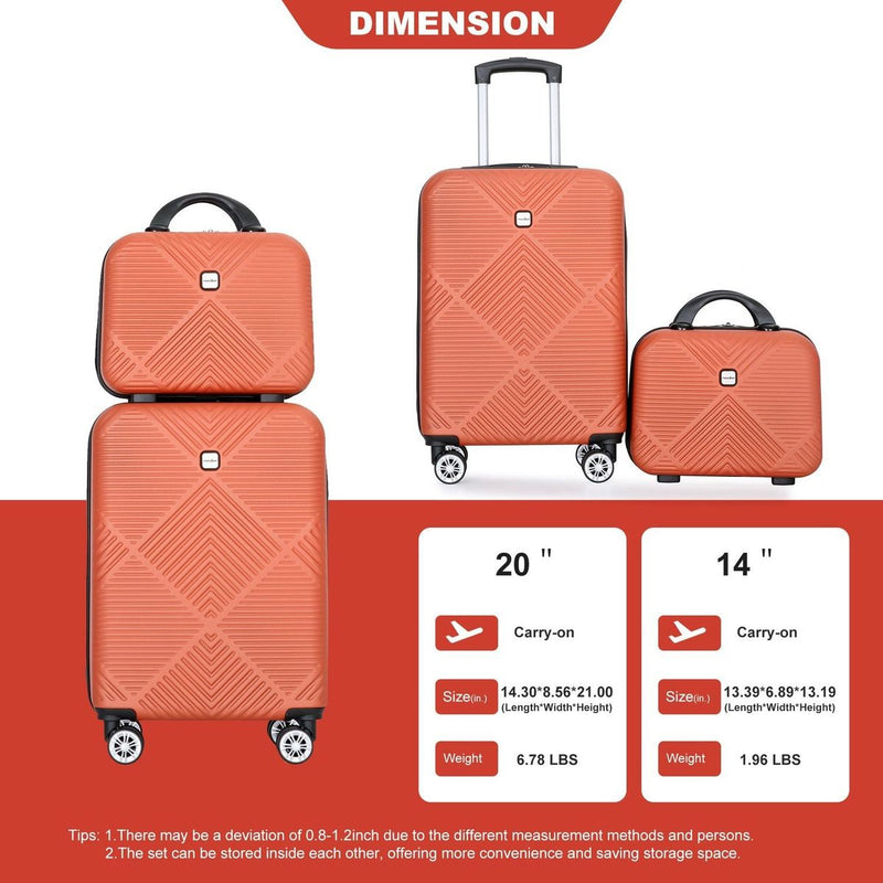 2Piece Luggage Sets ABS Lightweight Suitcase, Spinner Wheels, (20/14) DARK ORANGE