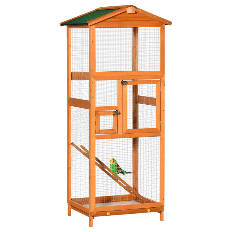 65" Wooden Bird Cage Outdoor Aviary House for Parrot, Parakeet, with Pull Out Tray and 2 Doors, Orange
