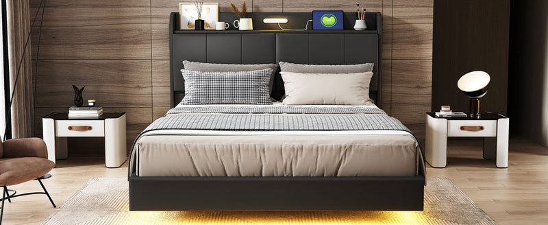 Walker Edison | Modern Upholstered Platform Queen Bed with Floating Bed Frame & Storage Headboard