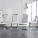 A simple dining table. A dining table with a white marble pattern. 4 PU synthetic leather high backrest cushioned side chairs with C-shaped silver metal legs. DT-SQ-16090-wh