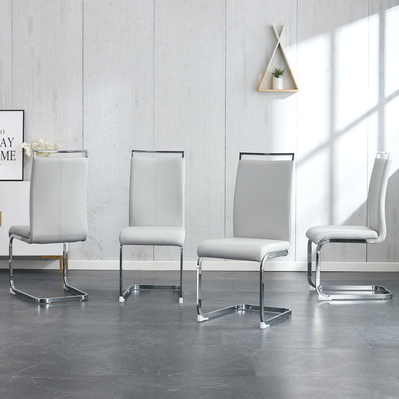 A simple dining table. A dining table with a white marble pattern. 4 PU synthetic leather high backrest cushioned side chairs with C-shaped silver metal legs. DT-SQ-16090-wh