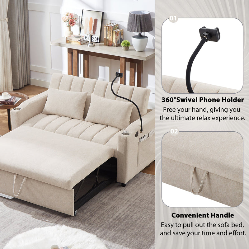 55.9" Convertible Sofa Bed Loveseat Sofa with Three USB Ports, Two Side Pockets, Two Cup Holders and 360Swivel Phone Holder for Living Room, Beige
