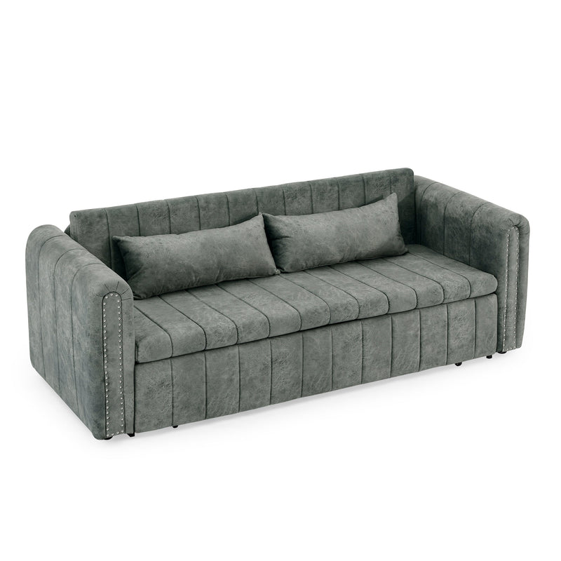 3 in 1 Pull-Out Bed Sleeper, Modern Upholstered 3 Seats Lounge Sofa & Couches with Rolled Arms Decorated with Copper Nails, Convertible Futon 3 Seats Sofabed with Two Drawers and Two Pillows