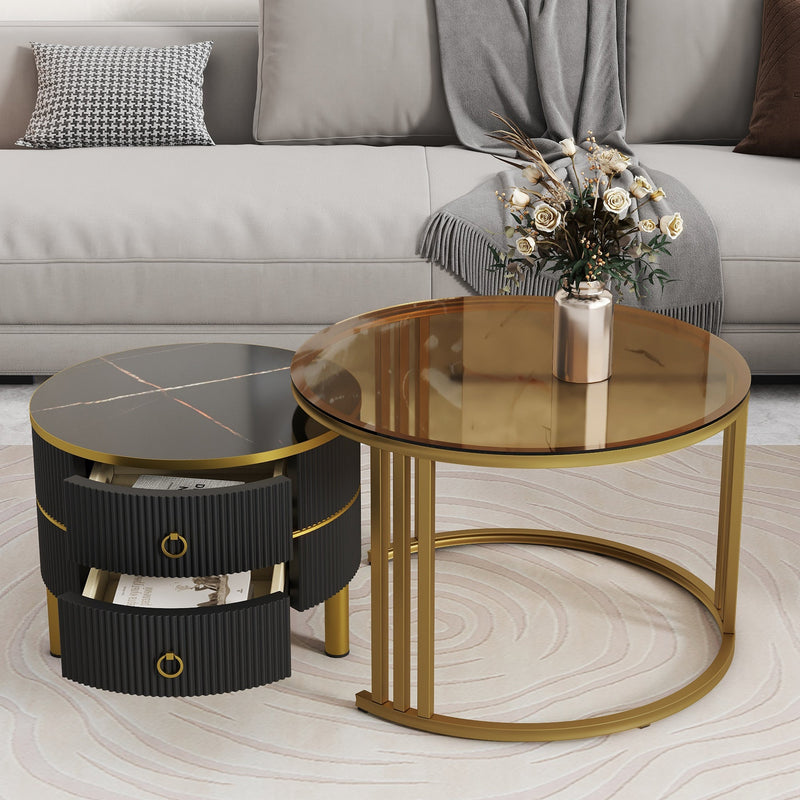27.5" & 19.6" Stackable Coffee Table with 2 Drawers, Nesting Tables with Brown Tempered Glass and High Gloss Marble Tabletop, Set of 2, Round Center Table for Living Room, Black