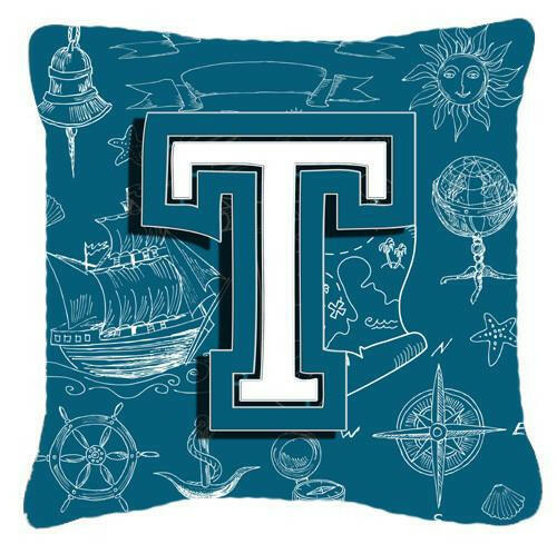 Letter T Sea Doodles Initial Alphabet Canvas Fabric Decorative Pillow CJ2014-TPW1414