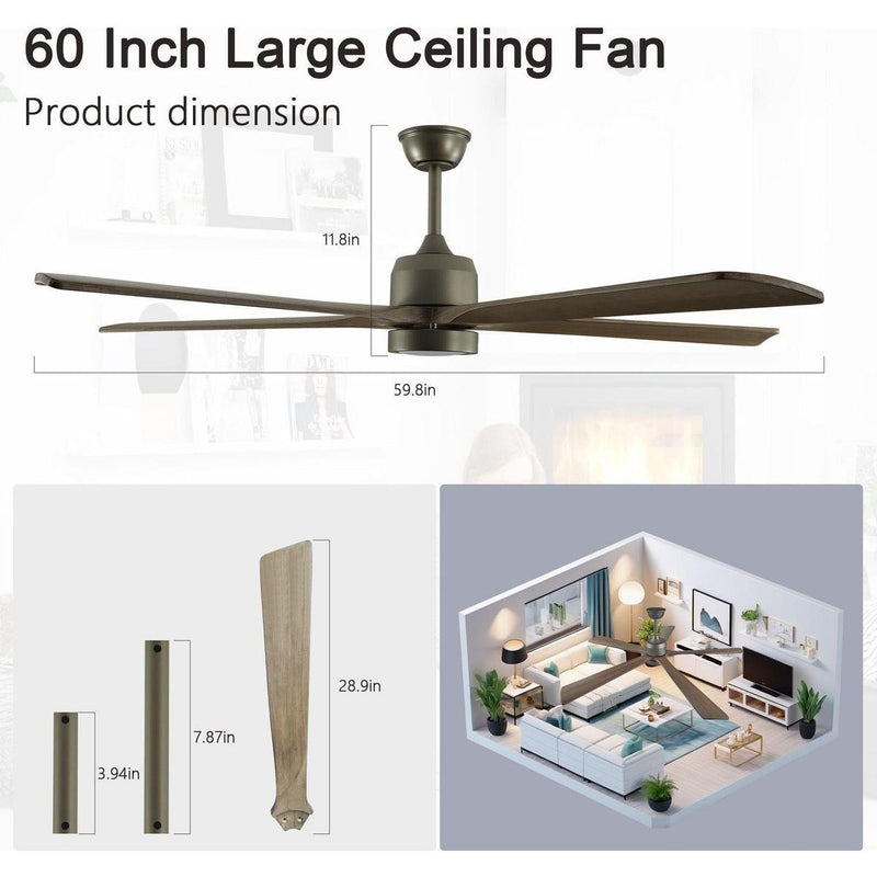 60" Modern Wood Ceiling Fan with Light and Remote Control,6-Speed Noiseless Reversible DC Motor, Ceiling Fan for Kitchen Dining Living Room