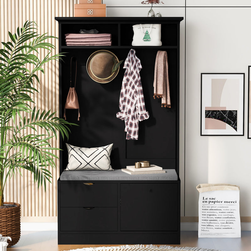 5-in-1 Entryway Bench with Coat Rack, Cushion and 4 Sturdy Hooks, 40.6" Wide Hall Tree with Shoe Storage Bench for Hallway, Entryway, Living Room