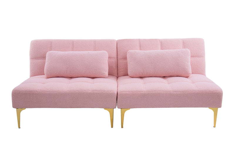 71" Convertible sofa bed futon with gold metal legs teddy fabric (Pink)