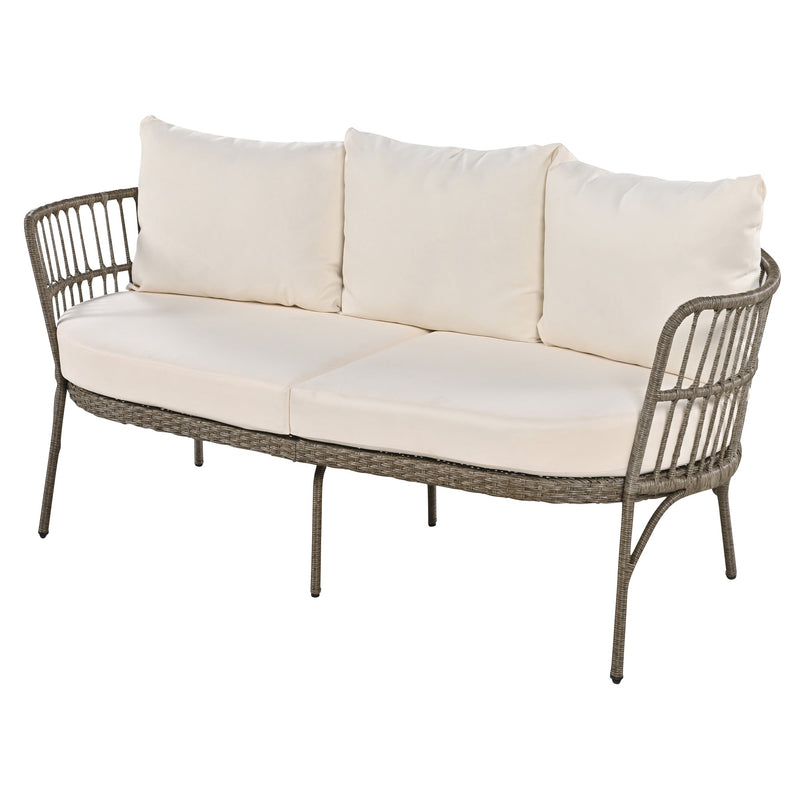 4-Piece Rattan Outdoor Patio Conversation Set with Seating Set for 5 and Coffee Table for Porch, Backyard and Garden (Brown Grey)