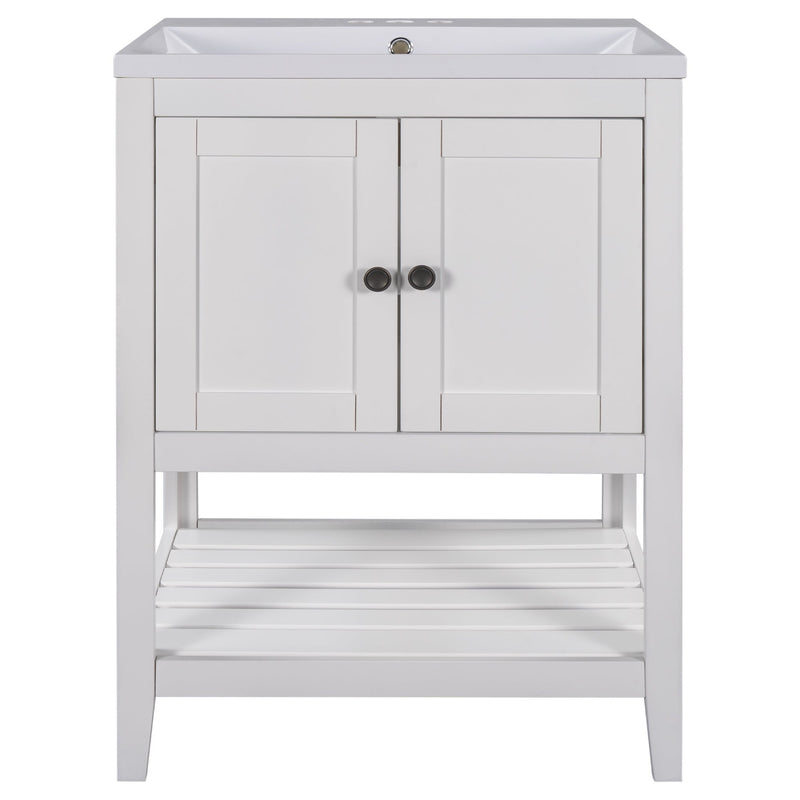 24" White Modern Sleek Bathroom Vanity Elegant Ceramic Sink with Solid Wood Frame Open Style Shelf