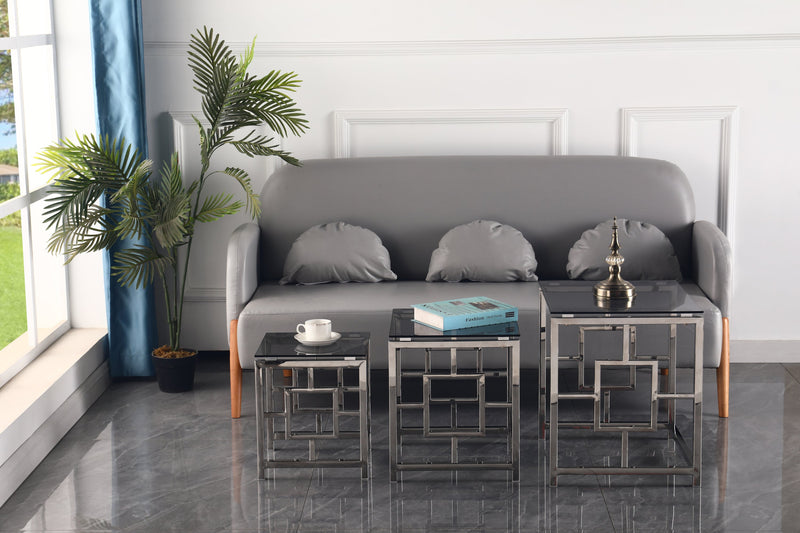 3 Pieces Silver Square Nesting Glass End Tables- Small Coffee Table Set- Stainless Steel End Tables with Dark Gray Tempered Glass- 18" Modern Minimalist Small Coffee Tables for Living Room