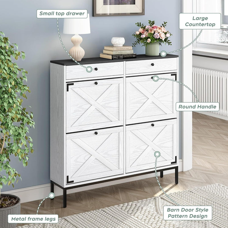 Large Shoe Cabinet with 4 Flip Drawers, Freestanding Shoe Cabinet Organizer with Metal Drawer Bracket, Shoes Storage Cabinet for Entryway, Narrow Shoe Rack Cabinet, White