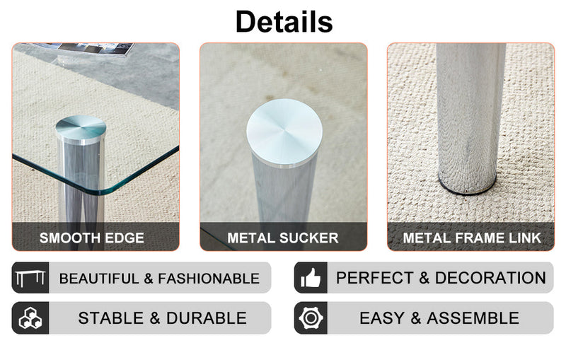 A modern minimalist style glass dining table. Transparent tempered glass tabletop with a thickness of 0.3 feet and silver metal legs. Suitable for restaurants and living rooms. 63 "x 35.4" x 30"