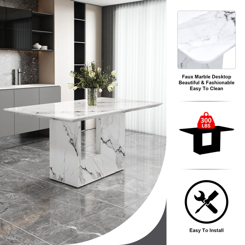 A simple dining table. A dining table with a white marble pattern. 4 PU synthetic leather high backrest cushioned side chairs with C-shaped silver metal legs. DT-SQ-16090-wh