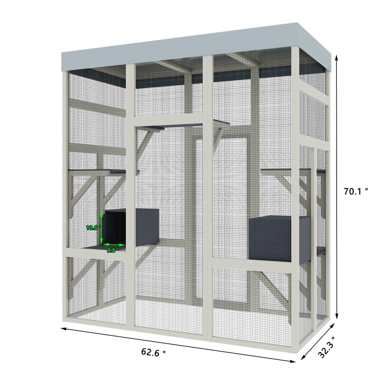 62.6' Gray Wooden Catio Outdoor Pet Enclosure with Waterproof Top, Spacious and Secure Cat House & Small Animal Cage, Black Rust-proof Metal Wire