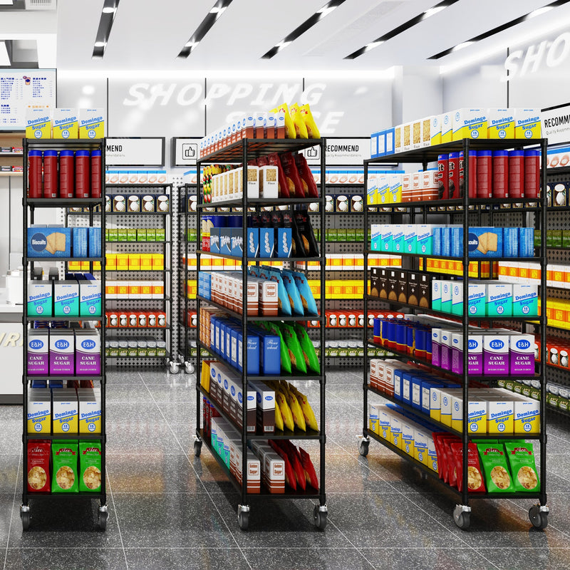 7 Tier Standing Shelf Units, 2800 LBS NSF Height Adjustable Metal Garage Storage Shelves with Wheels, Heavy Duty Storage Rack Metal Shelves - Black - 7T-2800LBS-BLACK