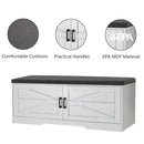 2 Tier Shoe Bench With Padded Seat, 2 Barn Doors And Adjustable Shelves, For Entryway And Living Room - White