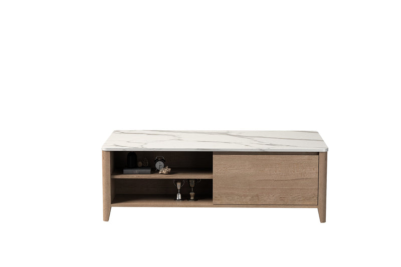 47 Inch Modern Farmhouse Double Drawer Coffee Table for Living Room or Office, Tobacco Wood and White Marble