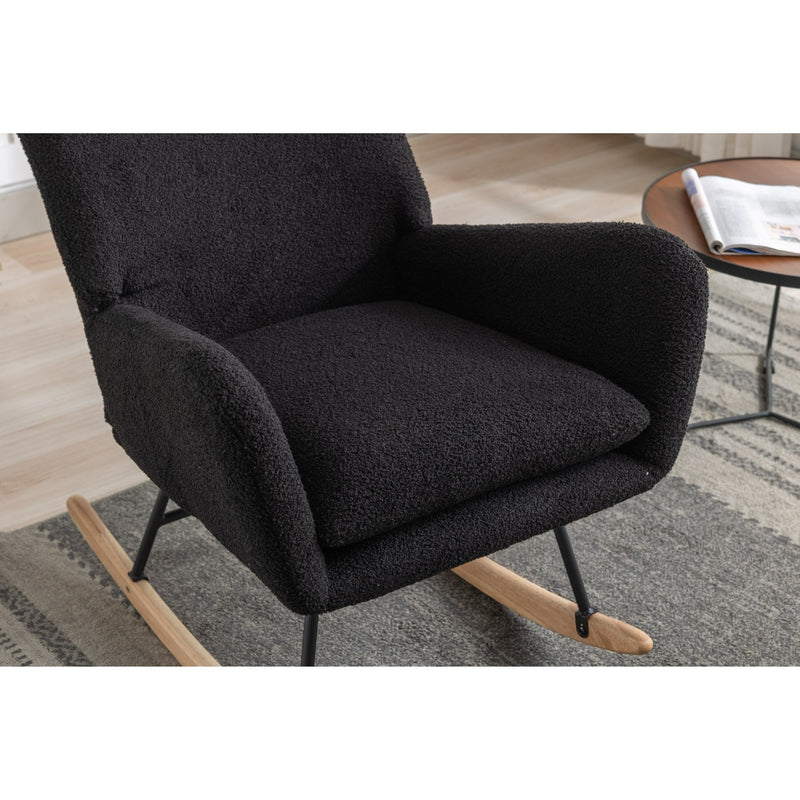 35.5 inch Rocking Chair with Pocket, Soft Teddy Fabric Rocking Chair for Nursery, Comfy Wingback Glider Rocker with Safe Solid Wood Base for Living Room Bedroom Balcony (black)