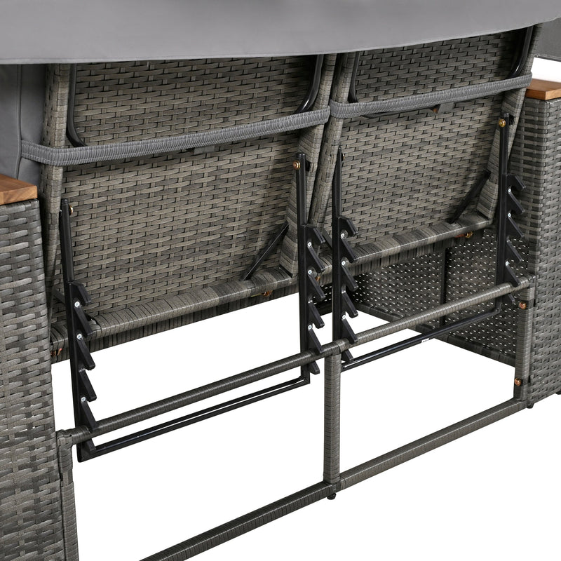 2-Piece Rattan Outdoor Patio Bench Lounge Roof Set, Effective UV Protection Fabric & Waterproof Cushions and Adjustable Backrest for Garden, Backyard and Porch (Grey Wicker + Grey Fabric)