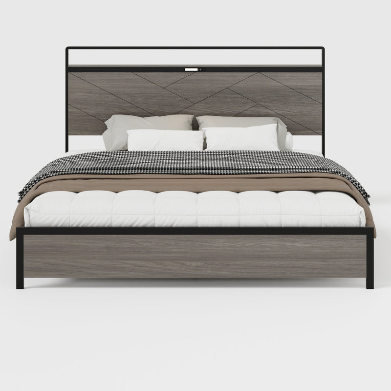 Bed frame king size, wooden platform bed frame with storage LED light headboard and 2 USB, no noise, no spring mattress required and simple assembly tools, large underbed storage, Antique Grey