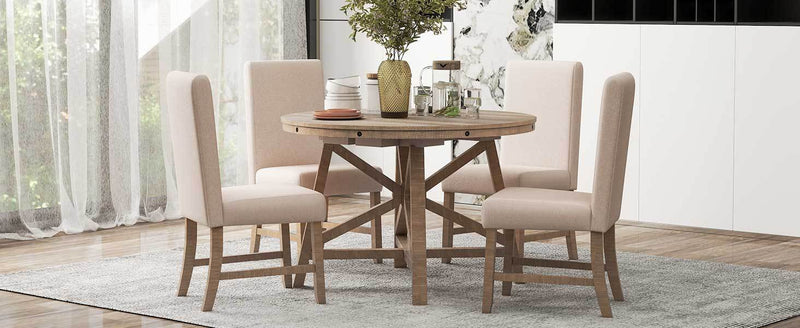 5-Piece Retro Functional Dining Set with Extendable Round Table with Removable Middle Leaf and 4 Upholstered Chairs for Dining Room and Living Room (Natural Wood Wash)