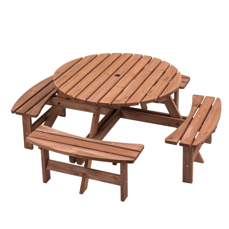8 Person Wooden Picnic Table, Outdoor Camping Dining Table with Seat, Garden, DIY w/ 4 Built-in Benches, 2220lb Capacity