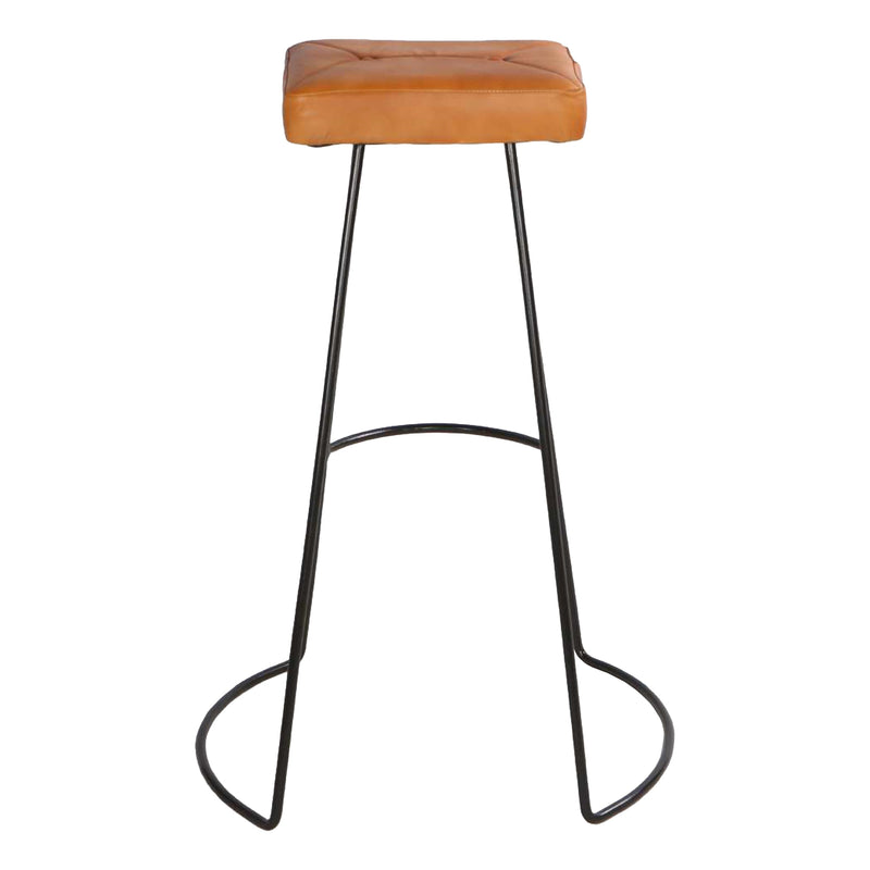32 Inch Modern Bar Stool, Genuine Leather Seat, Metal Frame, Button Tufted, Tan Brown, Black