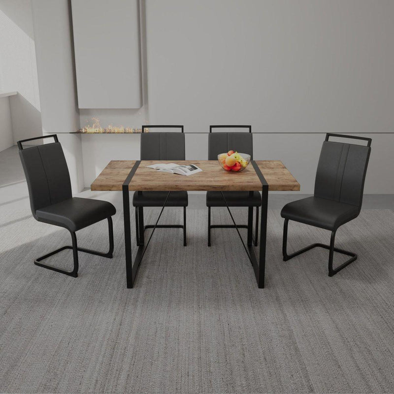 55 "Rural Industrial Rectangular MDF Dark Wood Dining Table Set and PU Armless Dining Chair Set 4, Kitchen Black Metal Table Leg Dining Chair Set