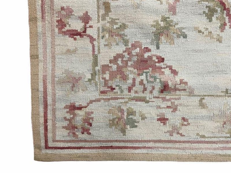 9x12 Flatweave Aubusson Needlepoint Rug, New, Beige, Tan, Green, Handmade, Hand-Knotted Area Rug, French European Carpet, Flowers