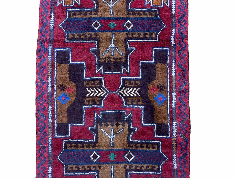 2' 10" X 4' 9" Vintage Handmade Tribal Wool Rug Balouchi Rug Afghan Rug Red Blue