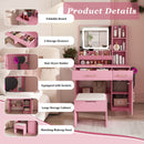Vanity Desk With LED Mirror Lights And Power Outlet Charging Station, 3 Drawers, 7 Shelves, Storage Stool - Pink by HouseOfZazla