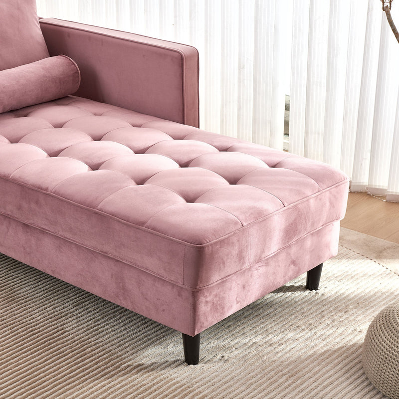 64" Velvet Chaise, Mid-Century Modern Chaise Furniture, Sleeper for Living Room, Apartment, Tool-Free Assembly. (Pink)