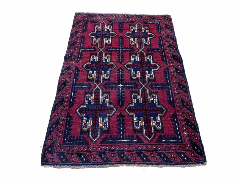 3X5 Vintage Handmade Tribal Wool Rug Balouchi Rug Afghan Rug Red Beige Blue Nice
