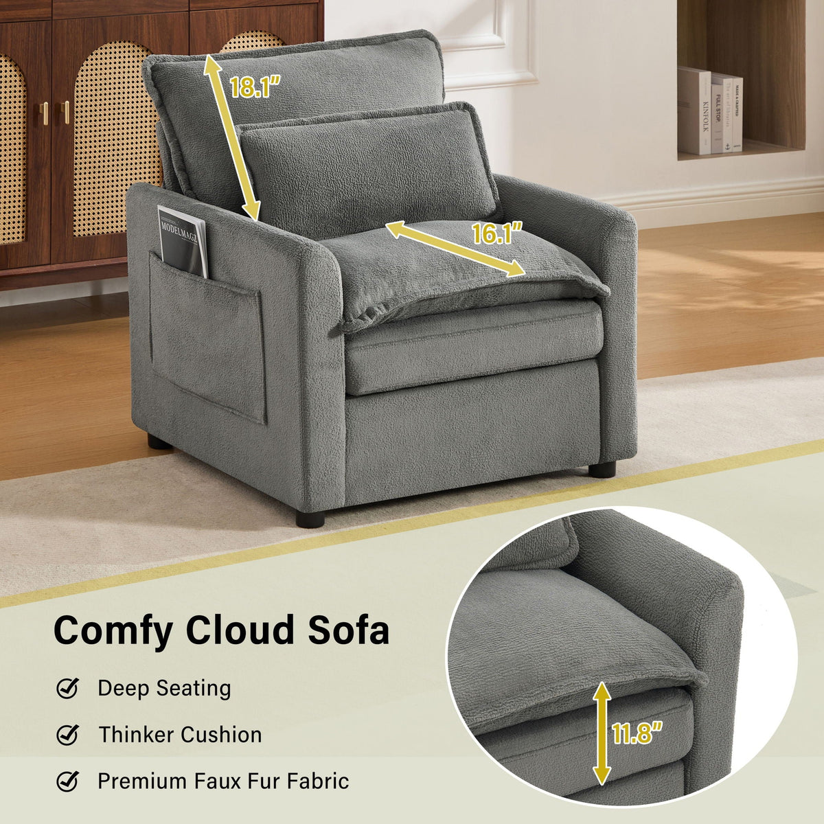 Modern Single Seat Accent Chair With Side Storage Pockets, photo 30 of 40